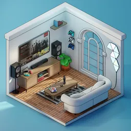Detailed isometric 3D model of a stylized cartoon living room with modern furnishings.