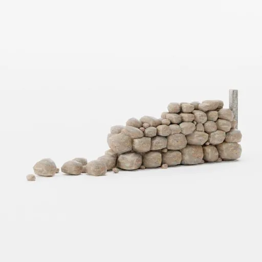 Low-Poly 3D stone wall model with wood post, ideal for game environments, PBR textured and Blender compatible.