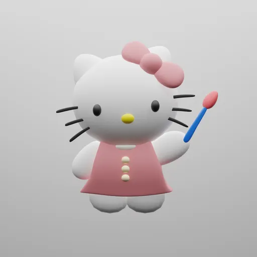 3D Blender model of a creative Hello Kitty figurine holding a paintbrush, with a bow in her hair.