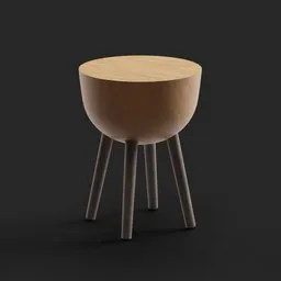 "Wood Circle Stool: A simplistic wooden chair featuring a round design, perfect for Blender 3D modeling. This 3D model showcases a close-up view of the stool against a black background, exuding a touch of elegance. Ideal for interior design projects and virtual furniture arrangements."