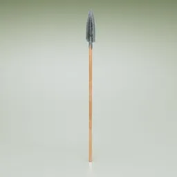 Alt text: "Historic military 3D model of a spear inspired by Iwasa Matabei, with a detailed design and textures for realistic rendering in Blender 3D. Featuring a wooden handle, serrated point, and pointy shell on a white surface, this model is perfect for gaming or historical projects."