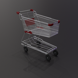 Detailed 3D model of a metal shopping cart with red handles for Blender rendering.