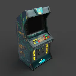 "Retro arcade machine with blue-green fish skin, inspired by 1990s and 1980s arcade designs. Warhammer-style console boasting a tropical reef theme, well-rendered for optimal visual experience. Designed for Blender 3D, this contest-winning model offers more games and fun."