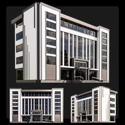 "Explore the unique Soviet-style Clinic Centre Building by M3D, a 3D model rendered in Autodesk and created with Blender 3D. Located in the Hajibektash complex, this striking office boasts a black and white color palette and features a prominent clock on its facade. Ideal for warehouses or under construction scenes, add this impressive model to your Sketchlab projects today."