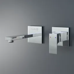 Highly detailed chrome wall-mounted faucet 3D model, Blender compatible, perfect for bathroom interior design visualization.