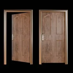 Realistic wooden door 3D model with textured surface and metal handle, suitable for Blender rendering and CG design.