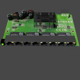 Detailed 3D rendering of a network LAN hub circuit board for use in Blender models.