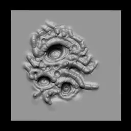 Blender 3D sculpting brush imprint of clustered alien eyeballs for horror creature modeling.