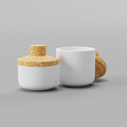 "White Kitchen Jars for Cereals with Cork Caps - 3D Model for Blender 3D. Designed by Ludovit Fulla and made in 2019, these ultra high definition tableware set objects are perfect for any kitchen. Ideal for holding grains or other food types, these two jars come with crisp white design and cork caps."