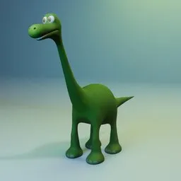 Green cartoon-style 3D dinosaur, designed in Blender, suitable for animation and rigging.