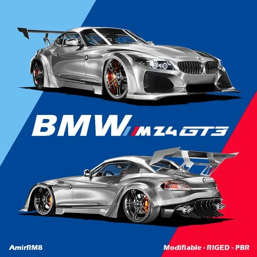 Detailed BMW Z4 GT3 3D model from Blender, featuring high-quality rigging and textures, ideal for 3D animation and rendering.