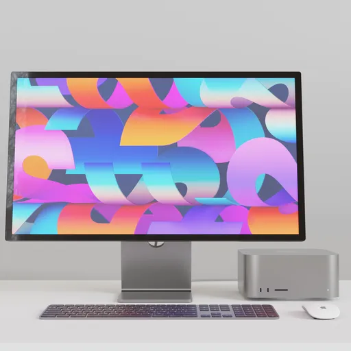 Detailed 3D rendering of a modern computer setup with monitor, compact CPU, and accessories for Blender artists.