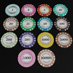 "Highly detailed Monte Carlo Poker Club casino chips 3D model for game UI asset design in Blender 3D. Close-up view of the pile of poker chips with black background. Perfect for European poker enthusiasts."