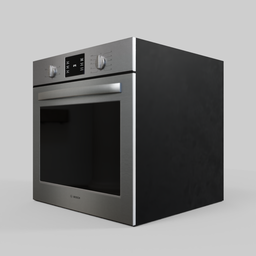 "Black Bosch Oven BOSCH_HBL5351UC 3D model for Blender 3D - kitchen appliance with silver door and sensor array. V-ray collection by Eden Box, featuring mat black metal and a contrasting small feature. Official product image for realistic rendering."