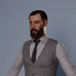 Detailed 3D male character model with beard and formal vest attire, designed in Blender for realistic renderings.