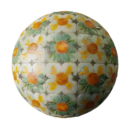 High-resolution PBR texture of floral vintage tiles with a worn, cracked surface for 3D modeling and rendering.