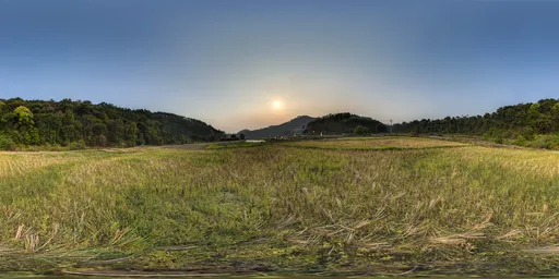 Green farmland at sunset