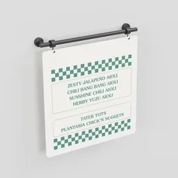 Detailed 3D model of a retro-style restaurant menu sign with black brackets for Blender design.