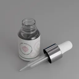 Realistic serum bottle 3D model with dropper, detailed silver cap, Blender render ready for industrial design visualization.