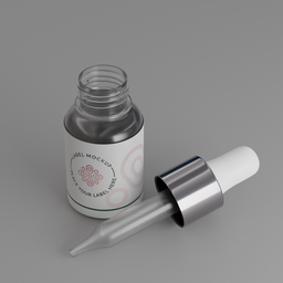 "A chrome-capped serum bottle with dropper, 3D model for Blender 3D. Inspiration from Kawai Gyokudō's art and high particle count. Rendered by Mirabel Madrigal, perfect for industrial container projects."