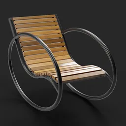 Modern 3D-rendered rolling chair with curved metal frame and wooden slats, isolated on a dark background, compatible with Blender.