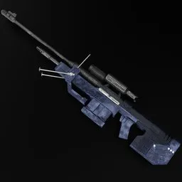 "Get a close-up view of a dark blue metallic sniper rifle with intricate skin texture details. This 3D model, created using Blender 3D software, features a metal handle and stock in complementary colors for an eye-catching design."