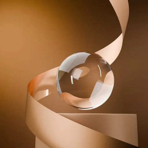 Elegant 3D-rendered cosmetic showcase with a crystal sphere and swirling golden ribbon on a gradient background.