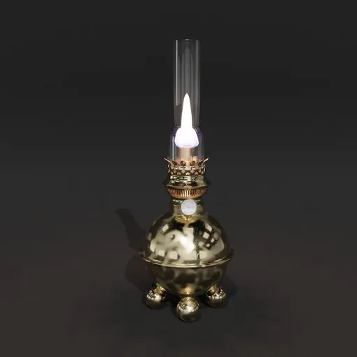 Detailed 3D kerosene lamp with adjustable flame, suitable for Blender rendering and animation.