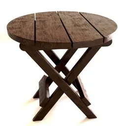 "3D model of a wooden table with a robust and stocky body, featuring a wooden cross leg design and partial symmetry elements. The bohemian style table is shown in a garden setting and is perfect for product design renders. Created using Blender 3D software."