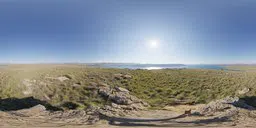 High-resolution spherical HDR panorama for lighting 3D scenes, featuring a natural landscape with clear skies and sun.