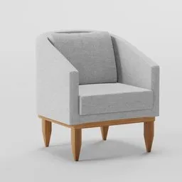 Highly detailed grey fabric Agatha armchair 3D model with wooden legs, ideal for interior design renderings in Blender.