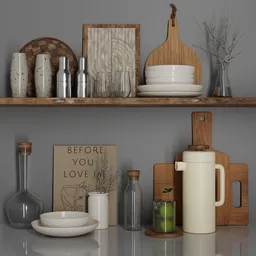 Detailed Blender 3D model featuring kitchen shelves with assorted decorative items including vases, plants, bowls, and cutting boards.