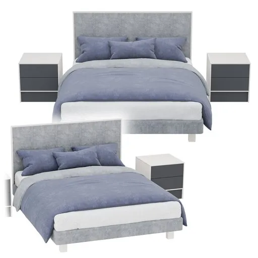 Realistic gray queen-size bed 3D model with pillows and nightstands, ideal for Blender rendering projects.
