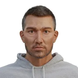 "Realistic virtual man for Blender 3D - Photogrammetry 3D model with precise topology and hybrid body. Featuring a serious looking man in a hoodie, inspired by Robert J. Brawley, with the name of the character Chad and holding a balloon."