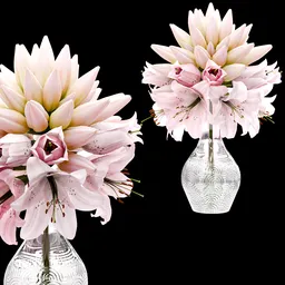 Detailed 3D model of a pink lily bouquet in a transparent vase for Blender rendering.