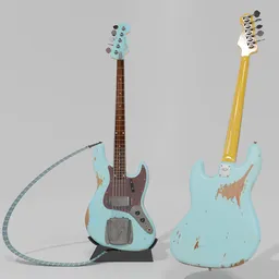 "Custom Fender Jazz Bass 3D model for Blender 3D. Realistic aged blue finish with minor rust damage, inspired by American realism style. Perfect for instruments category and electric bass enthusiasts."