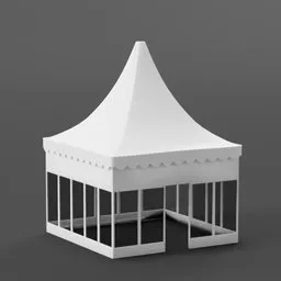 High-quality 3D model of a white canopy tent with transparent glass panels, ready for Blender rendering.
