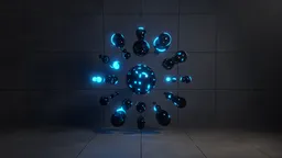 3D-rendered sci-fi scene with glowing blue spheres in abstract formation, ideal for creative design in Blender.
