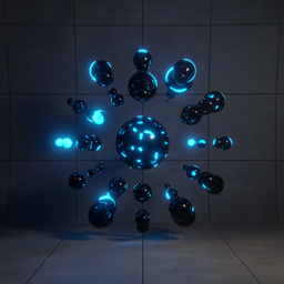 3D-rendered sci-fi scene with glowing blue spheres in abstract formation, ideal for creative design in Blender.
