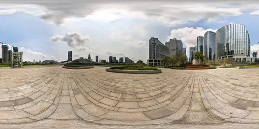 Urban HDR panorama with expansive cloudy sky over a plaza with landscaped greenery and city skyline for realistic scene lighting.