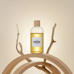 Elegant 3D-rendered glass bottle mockup on wooden stage with branch elements for product display.