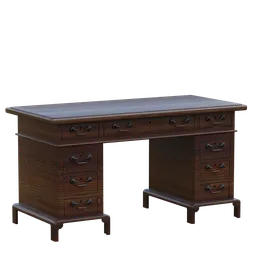 Detailed wooden desk 3D model with drawers, created for Blender rendering, showcasing texture fidelity.