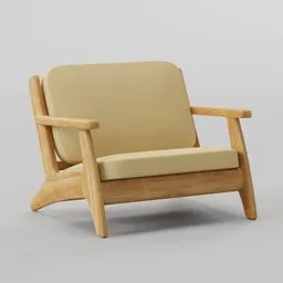 Detailed 3D render of a modern children's recliner chair, compatible with Blender, showcasing wood texture and beige upholstery.