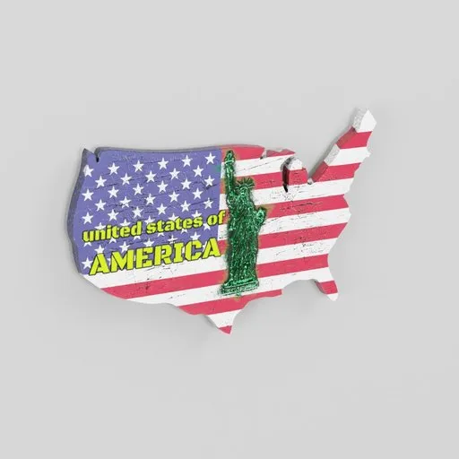 3D printed USA map magnet with flag design and Statue of Liberty relief, compatible with Blender.