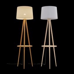 "Scandinavian inspired floor lamp with wooden stand and white shade for Blender 3D models. Professional render by Pierre Pellegrini and Ash Thorp, featuring an extremely slim body and two models in the frame. Stylized and medium height, perfect for adding a modern touch to your 3D scenes."