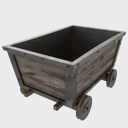 Detailed 3D rendering of a vintage wooden mining cart on wheels suitable for Blender projects.