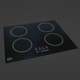 "Black induction Cooktop with four burners - a sleek, minimalistic 3D model rendered in Blender 3D, perfect for kitchen appliance designs. Official product image with full dynamic color and centered radial design, suitable for various cuisines. Enhanced with red shift render and depth blur for a realistic touch."