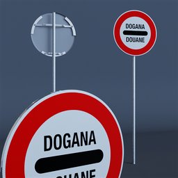 "Dogana road sign with honeycomb texture, inspired by Édouard Debat-Ponsan's Italian futurism. This 3D model, rendered in Octane Renderer, features two signs on the ground, symbolizing communication. Perfect for mobile games and architectural projects in Blender 3D."