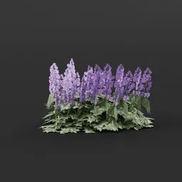 Detailed 3D model of purple flowers and green foliage, customizable for gaming and virtual environments.