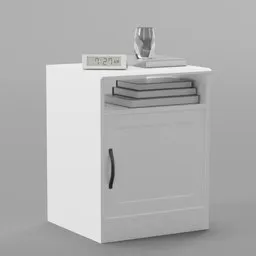 "Songesand table - a sleek and modern white nightstand with a glass of wine, cable outlet for hidden wires, perfect for organizing books and belongings. Designed with Swedish style in Blender 3D."